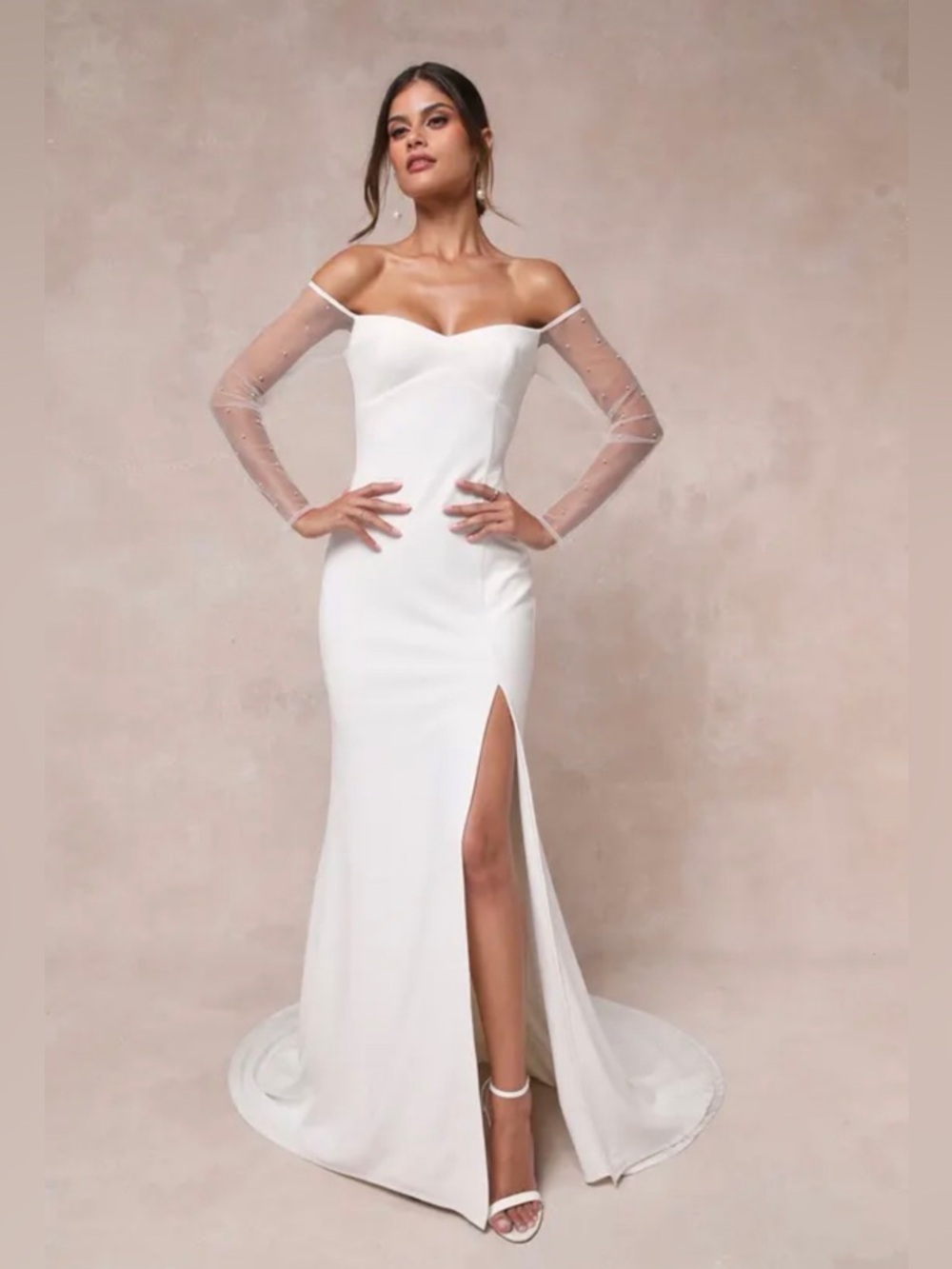 NWT Off-Shoulder White Wedding Dress with Sheer Sleeves & Pearl Accents Small